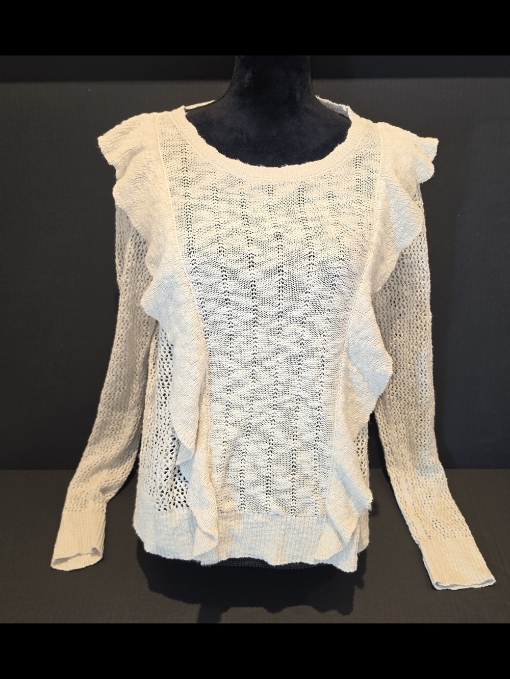 American Eagle Outfitters Cream Open-Knit Ruffle Sweater Sz XL